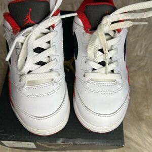 Fire Red Jordan 5s  White and Red Sneakers